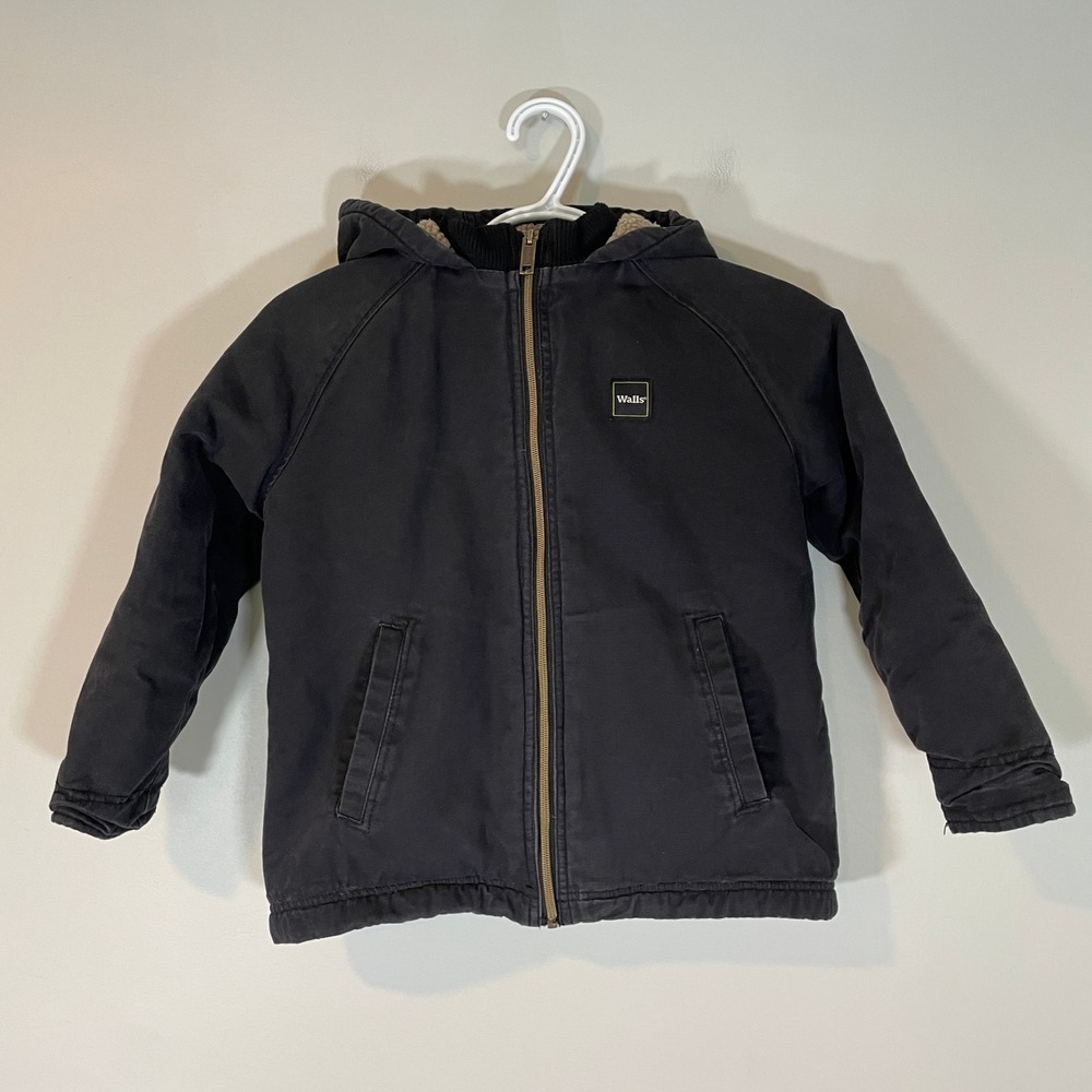 Walls Tough Wear Kids Black Sherpa Lined Hooded Canvas Work Jacket Size M 8/10